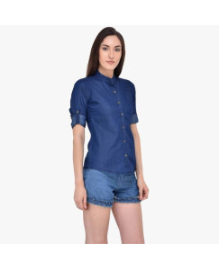 Womens Denim Solid Casual Mandarin Neck Shirt Fabric Denim